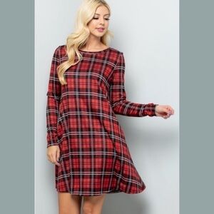 SUNDAY MORNING tartan plaid long sleeve tunic swing dress casual holiday fall